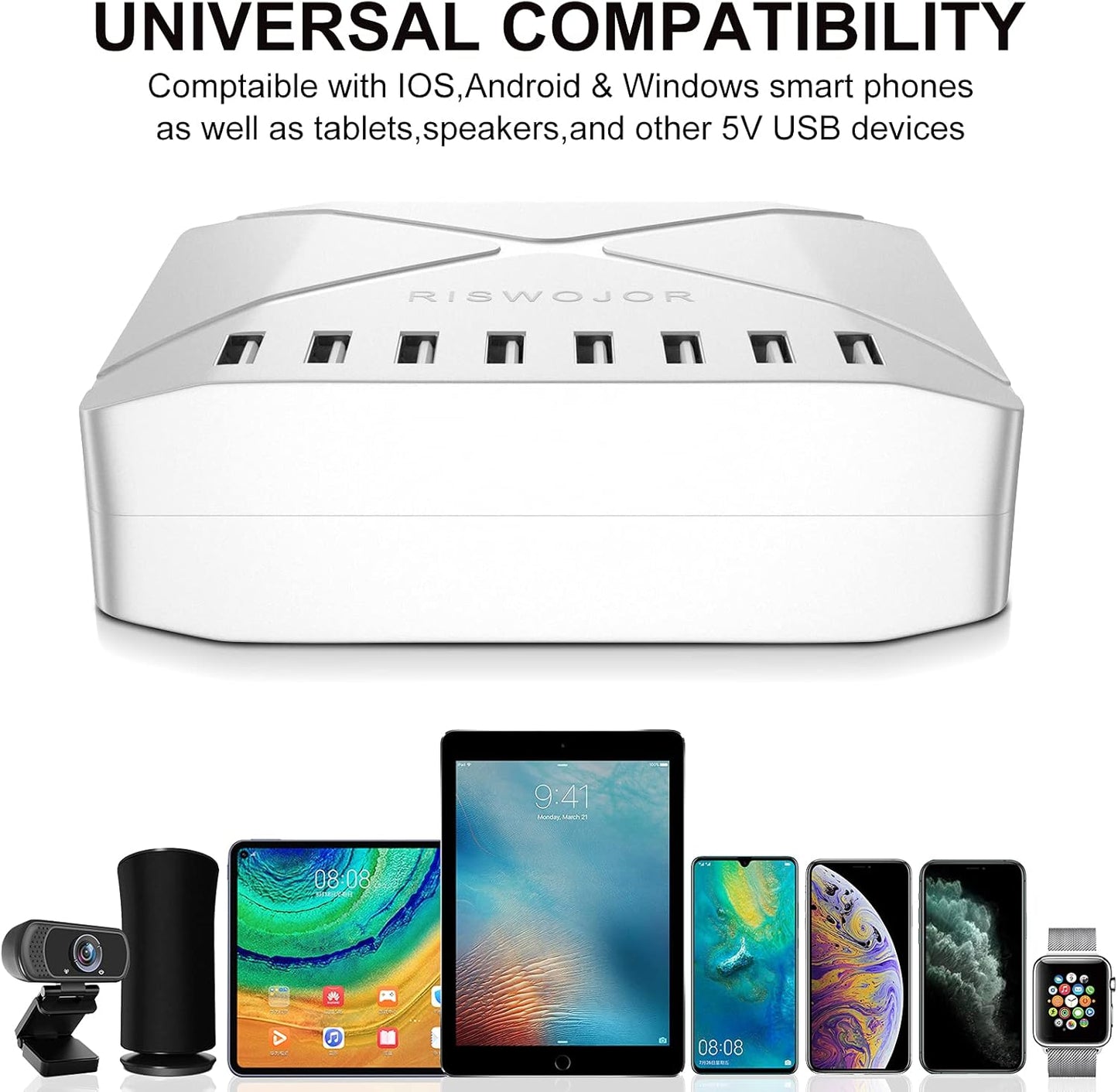 Multiple USB Charger Station, 40W 8 Port USB Charging Station with Intelligent Detect,Multi Port USB Charger for Iphone,Galaxy,Note,Ipad Tablets and Other Multiple Devices(White)