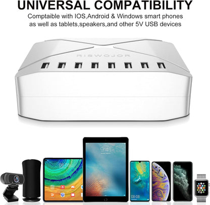 Multiple USB Charger Station, 40W 8 Port USB Charging Station with Intelligent Detect，Multi Port USB Charger for Iphone，Galaxy，Note，Ipad Tablets and Other Multiple Devices（White）