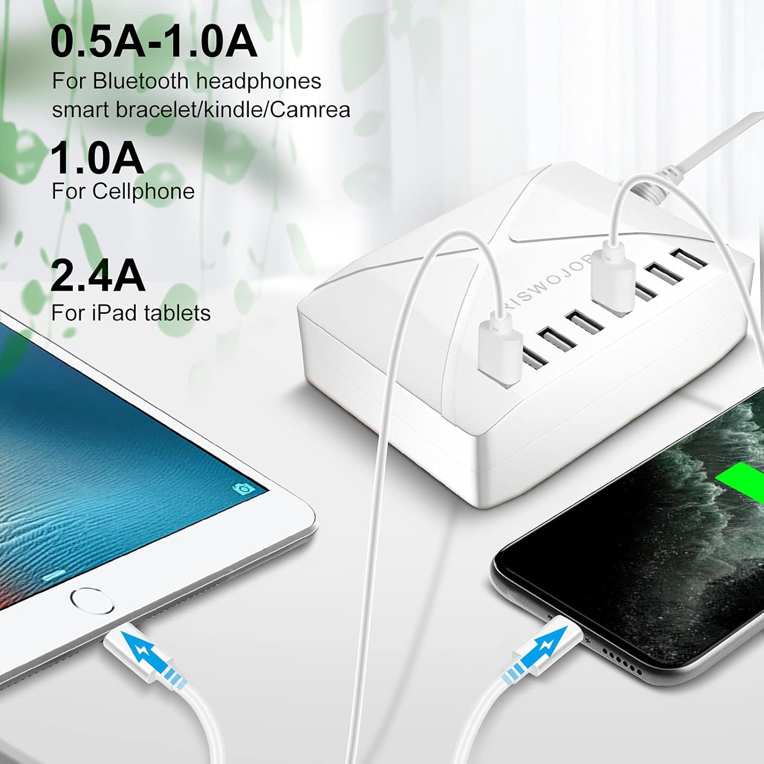 Multiple USB Charger Station, 40W 8 Port USB Charging Station with Intelligent Detect，Multi Port USB Charger for Iphone，Galaxy，Note，Ipad Tablets and Other Multiple Devices（White）
