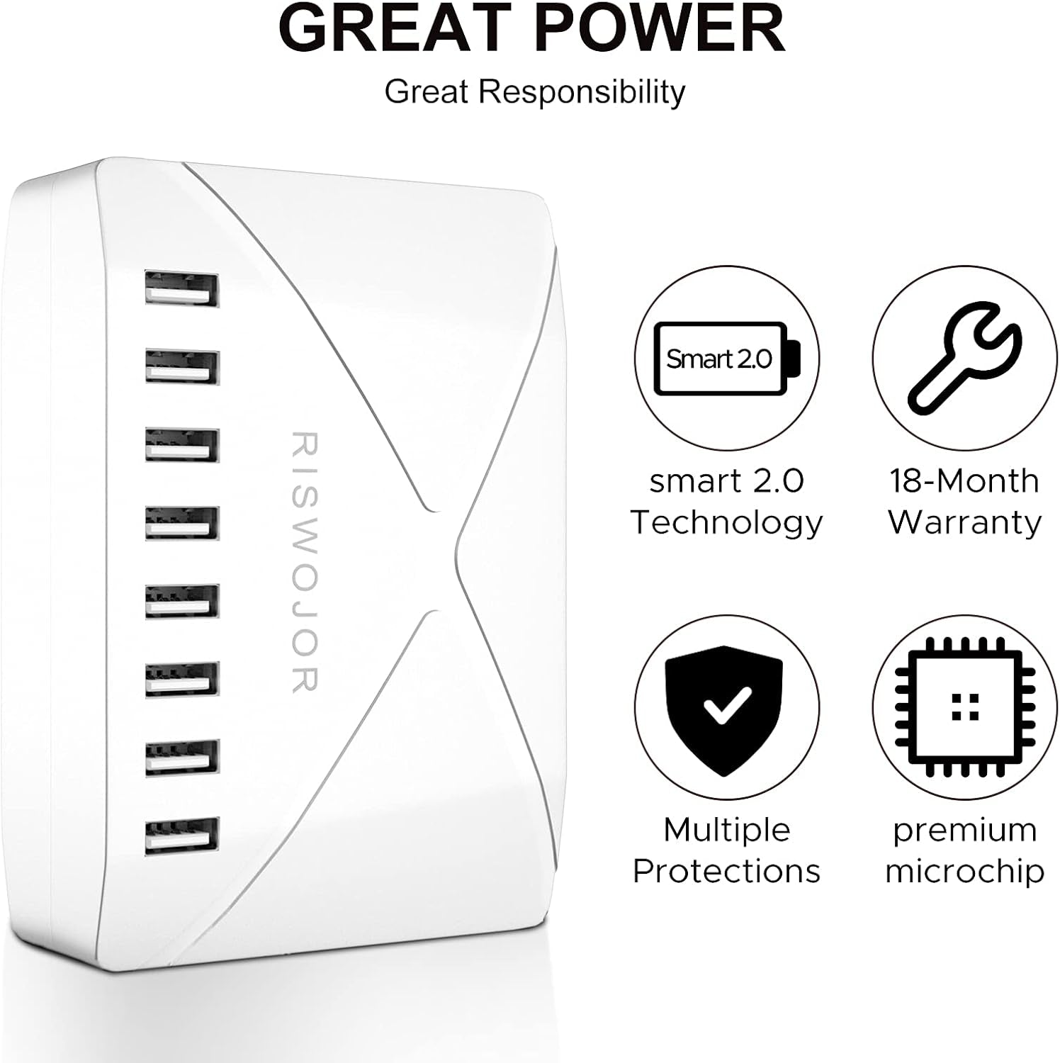 Multiple USB Charger Station, 40W 8 Port USB Charging Station with Intelligent Detect，Multi Port USB Charger for Iphone，Galaxy，Note，Ipad Tablets and Other Multiple Devices（White）