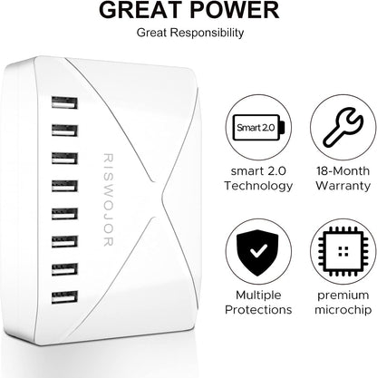 Multiple USB Charger Station, 40W 8 Port USB Charging Station with Intelligent Detect，Multi Port USB Charger for Iphone，Galaxy，Note，Ipad Tablets and Other Multiple Devices（White）