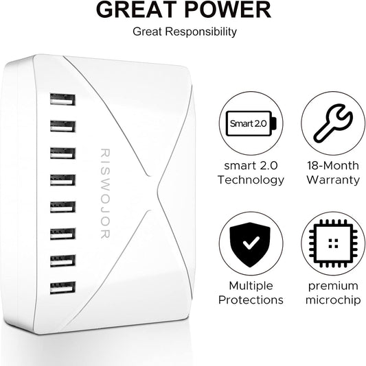 Multiple USB Charger Station, 40W 8 Port USB Charging Station with Intelligent Detect，Multi Port USB Charger for Iphone，Galaxy，Note，Ipad Tablets and Other Multiple Devices（White）