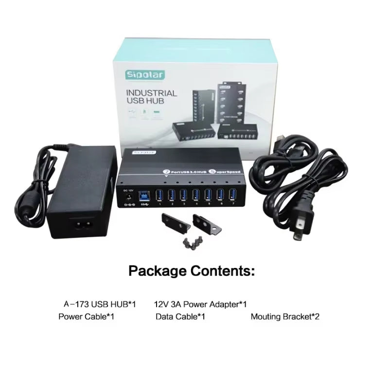 Sipolar A-173 Metal 7-Port Industrial-Grade 36W Powered USB 3.0 Super Speed Multiple Charger Hub with DIN Rail Mountable Bracket