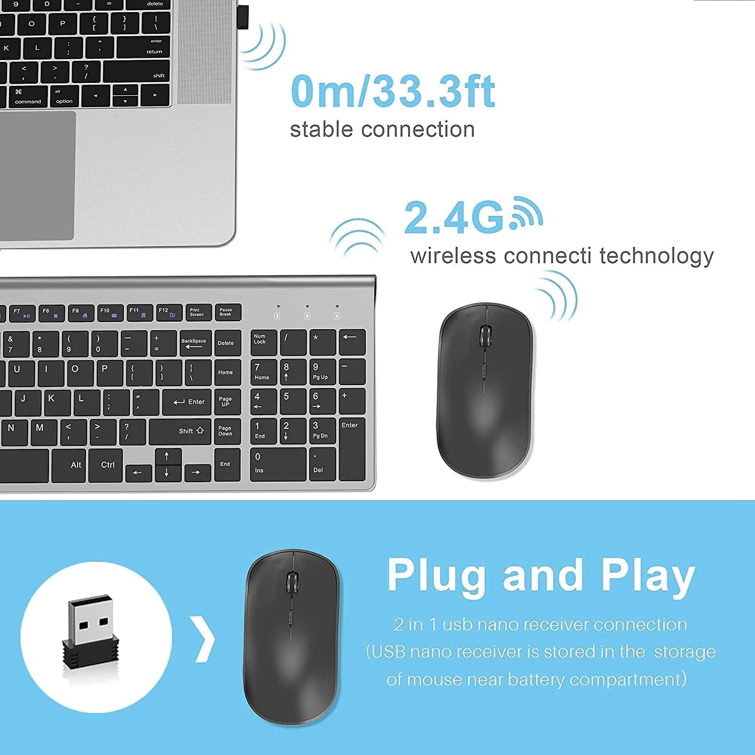 Wireless Keyboard and Mouse,2.4G Ergonomic and Slim Wireless Computer Keyboard Mouse Designed for Windows, PC, Laptop,Tablet - Black Grey