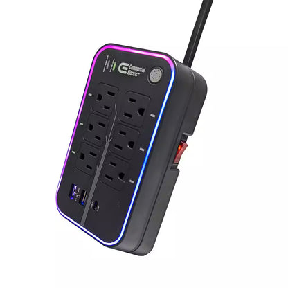 6 Ft. 6-Outlet RGB Gaming Surge Protector with 2 USB-A and 1 USB-C, Black