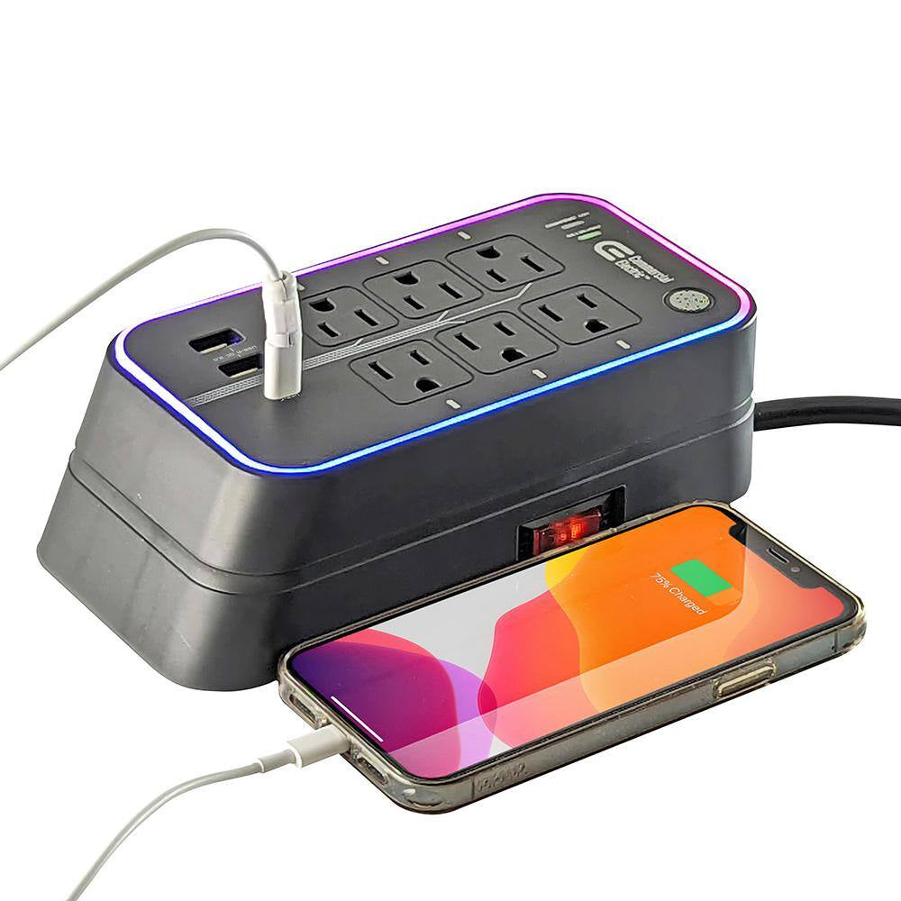 6 Ft. 6-Outlet RGB Gaming Surge Protector with 2 USB-A and 1 USB-C, Black