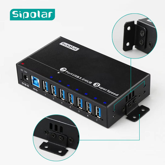Sipolar A-173 Metal 7-Port Industrial-Grade 36W Powered USB 3.0 Super Speed Multiple Charger Hub with DIN Rail Mountable Bracket