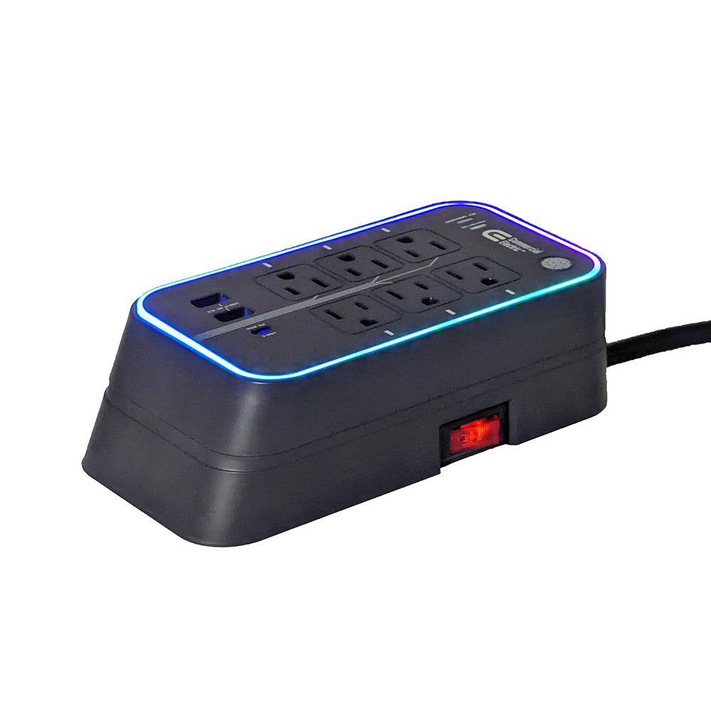 6 Ft. 6-Outlet RGB Gaming Surge Protector with 2 USB-A and 1 USB-C, Black
