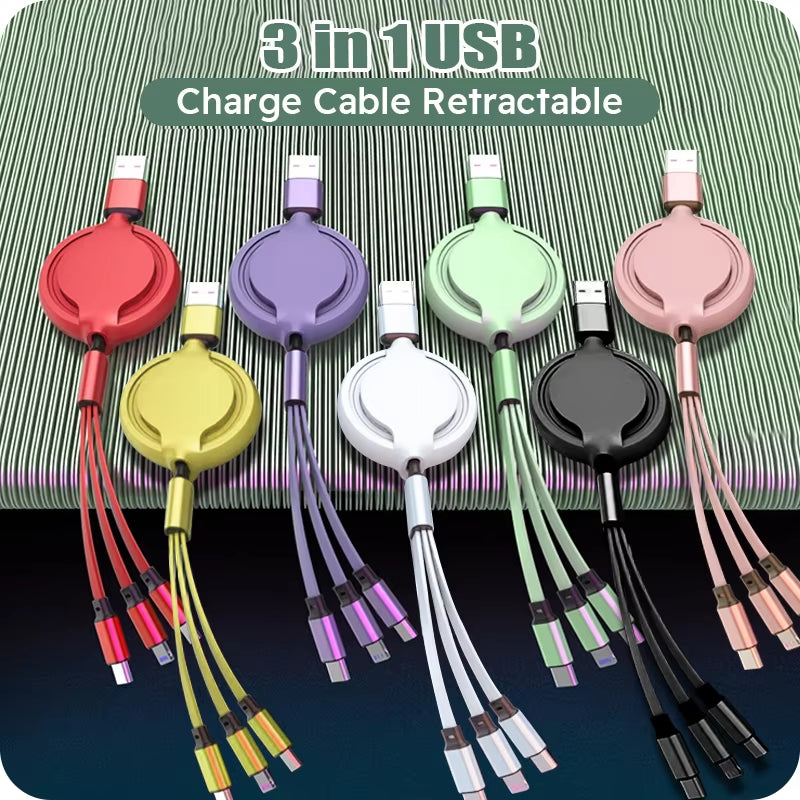 3 in 1 Retractable USB Cable Fast Charging Data Cord for Iphone Samsung Huawei Xiaomi Multi Port Multiple Charging Wire