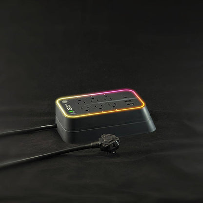 6 Ft. 6-Outlet RGB Gaming Surge Protector with 2 USB-A and 1 USB-C, Black